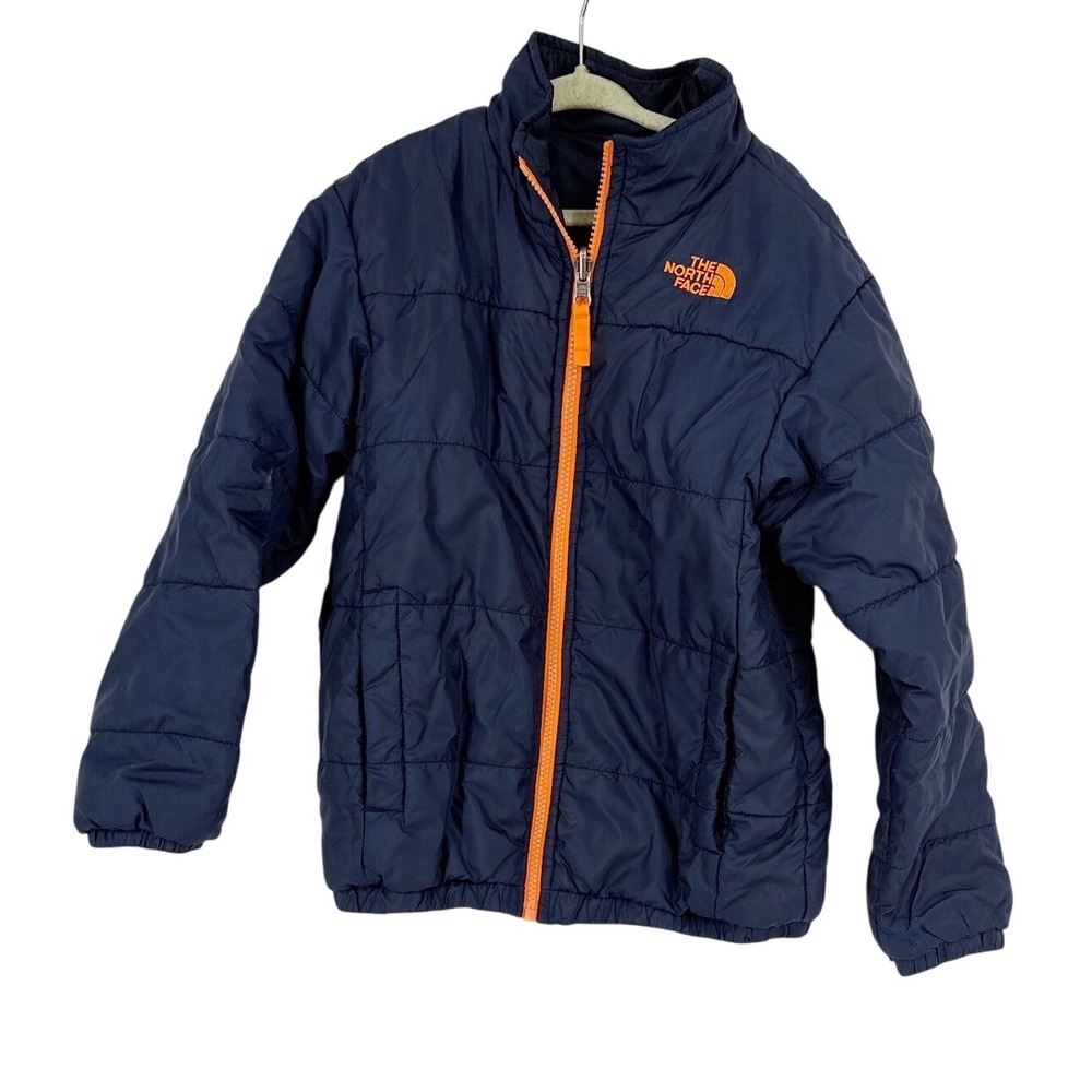 The North Face Boys Navy Blue Puffer Jacket Orange Zip Insulated Coat Size S 7/8